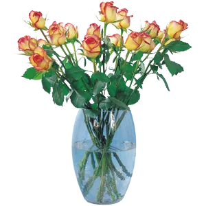 18 yellow long-stemmed roses in a glass vase