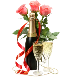 Three long stemmed pink roses, with Bubbly Champagne