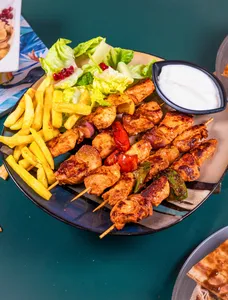Fish Fillet Brochette, 2 Skewers, Chips, and Salad